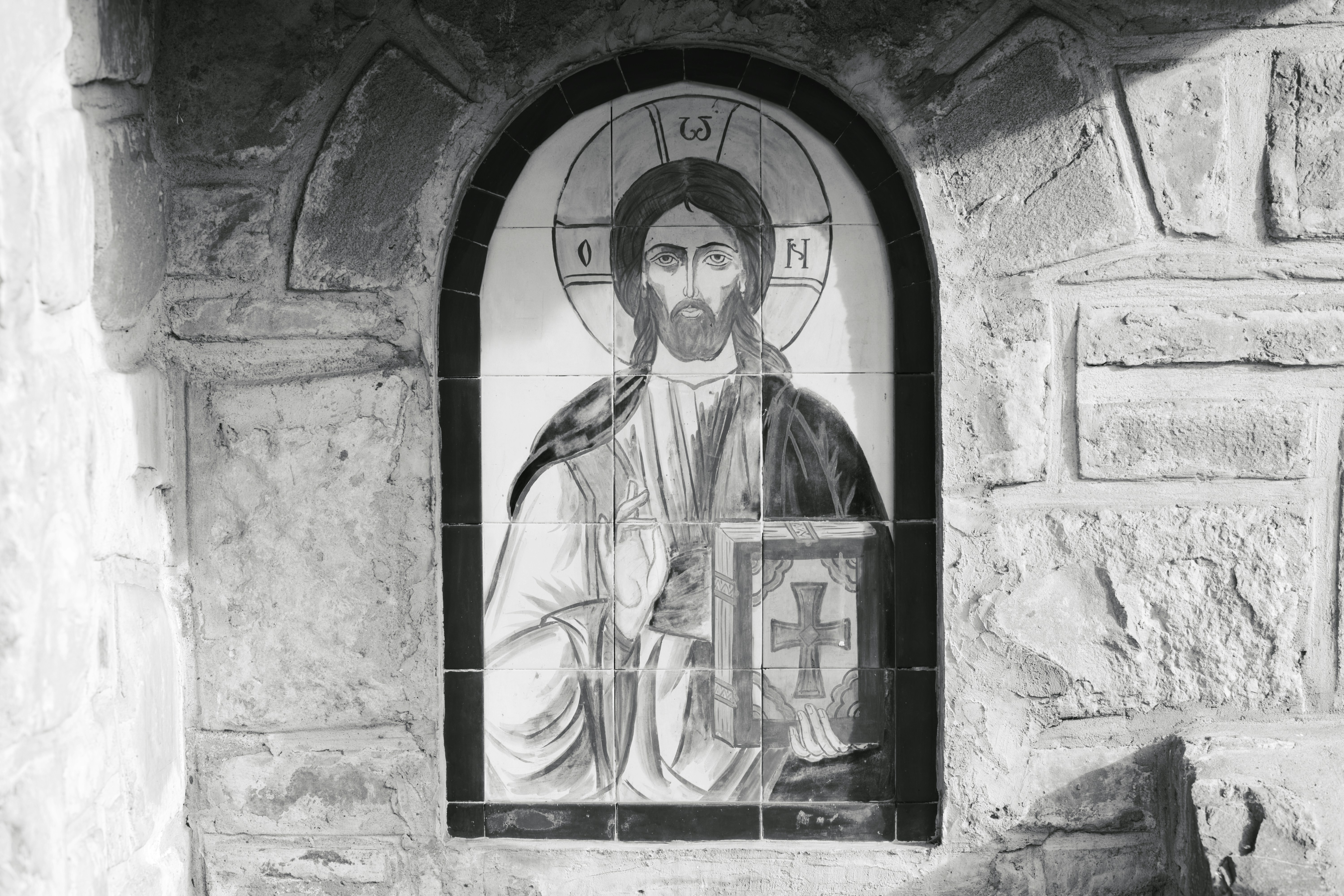 Christ Pantocrator icon in stone alcove